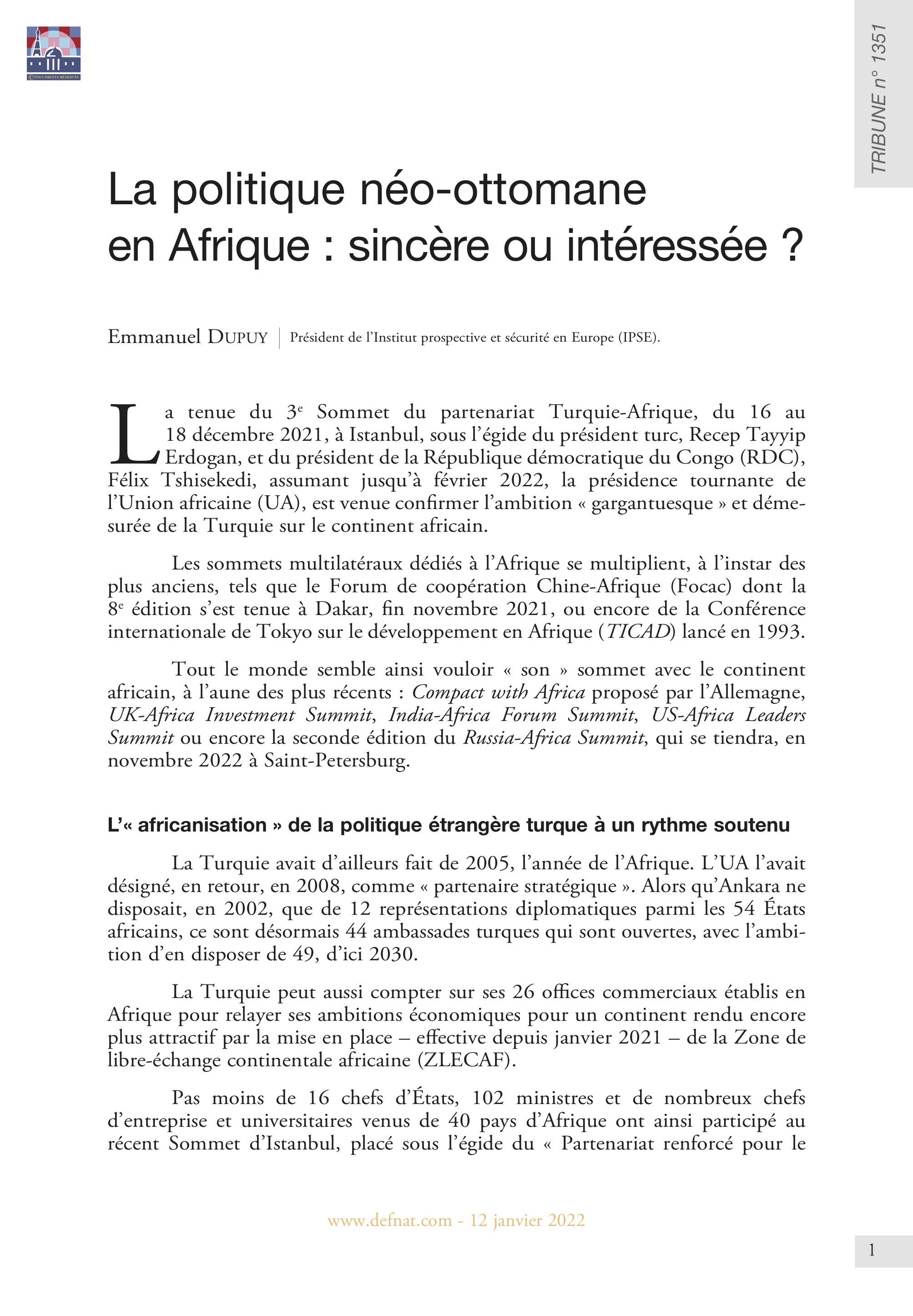 La politique néo-ottomane en Afrique : sincère ou intéressée ? (T 1351)
